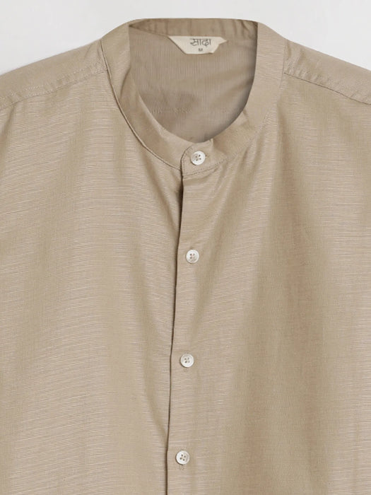 Men Taupe Linen Blend Mandarin Collar Shirt