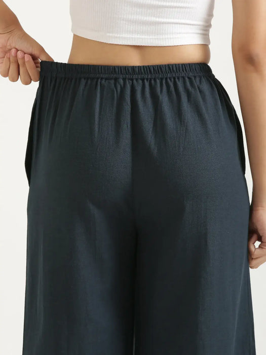Women Navy Blue Flowy Linen Wide Leg Pants