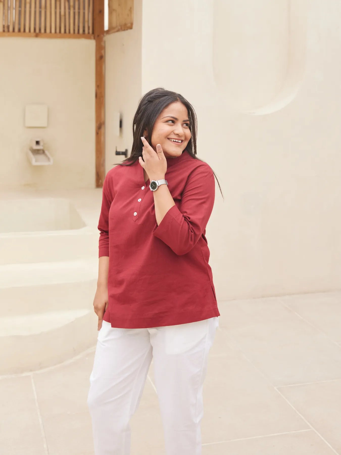 Maroon Short Kurta with White Cotton Pant