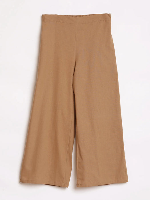 Women Coffee Brown Airy Linen Wide Leg Pant
