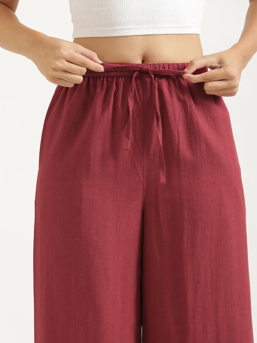Women Maroon Flowy Linen Wide Leg Pants