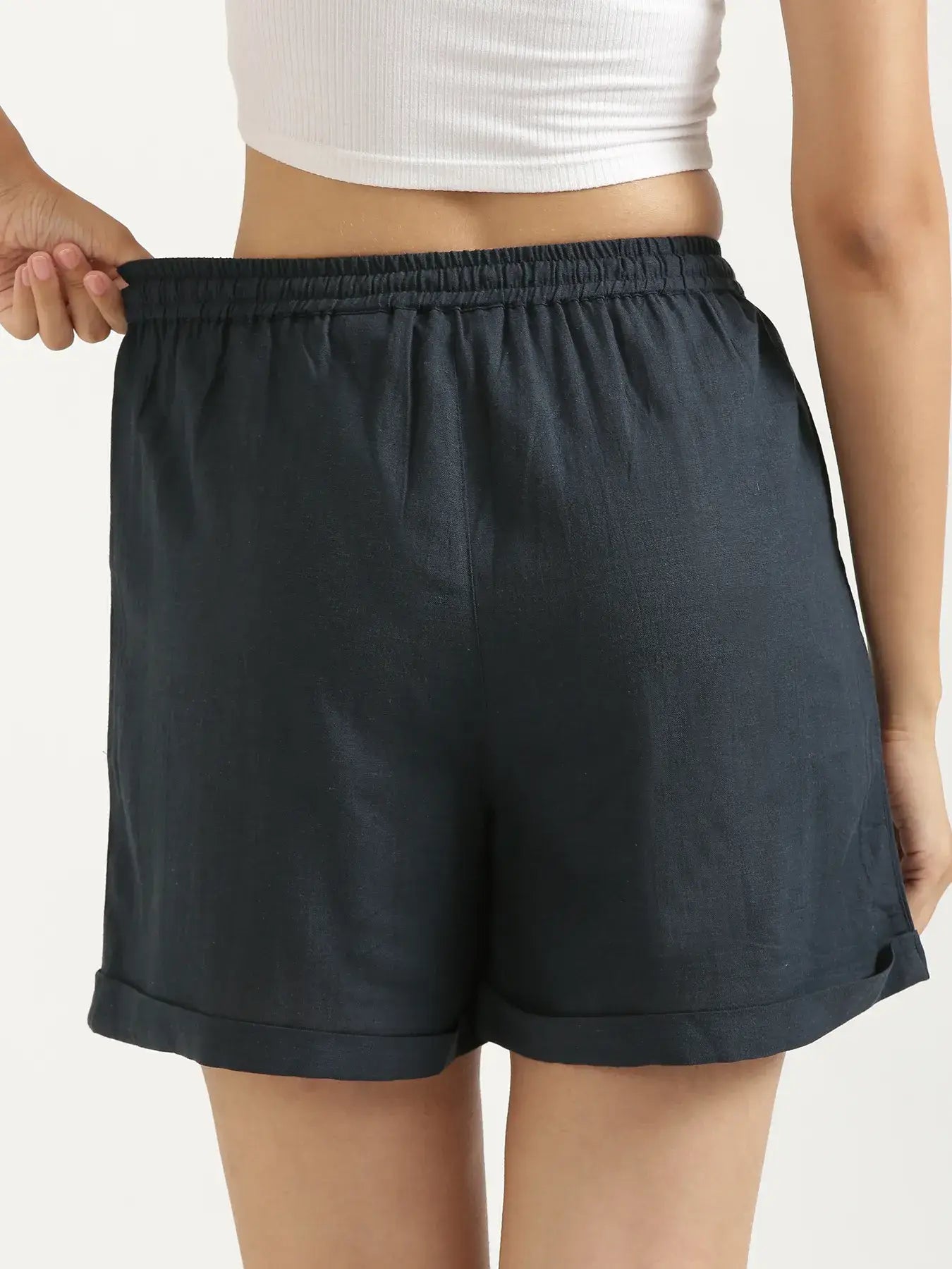 Women Navy Blue Flowy Linen Shorts