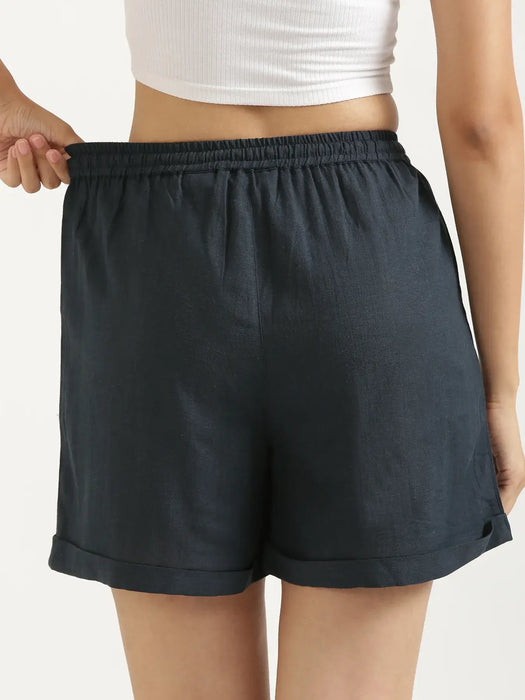Women Navy Blue Flowy Linen Shorts