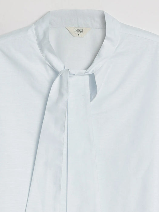 Women Powder Blue Linen Blend Knot Blouse