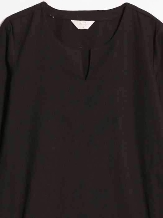 Women Black Airy Linen Mid Thigh Length Kurta