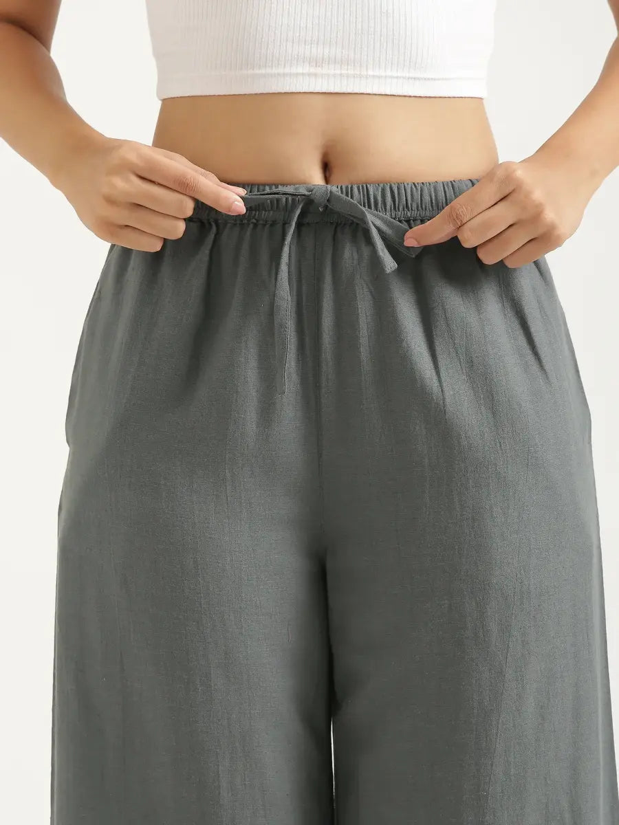 Women German Grey Flowy Linen Wide Leg Pants
