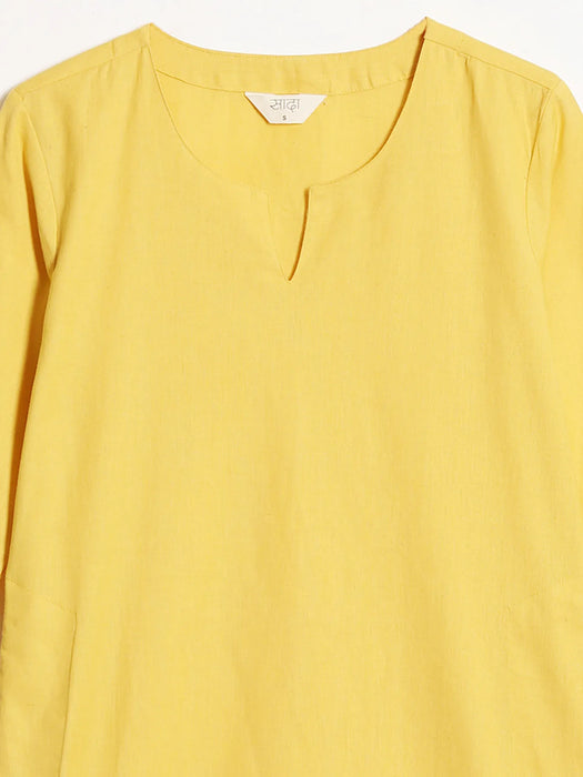 Women Yellow Airy Linen Mid Thigh Length Kurta