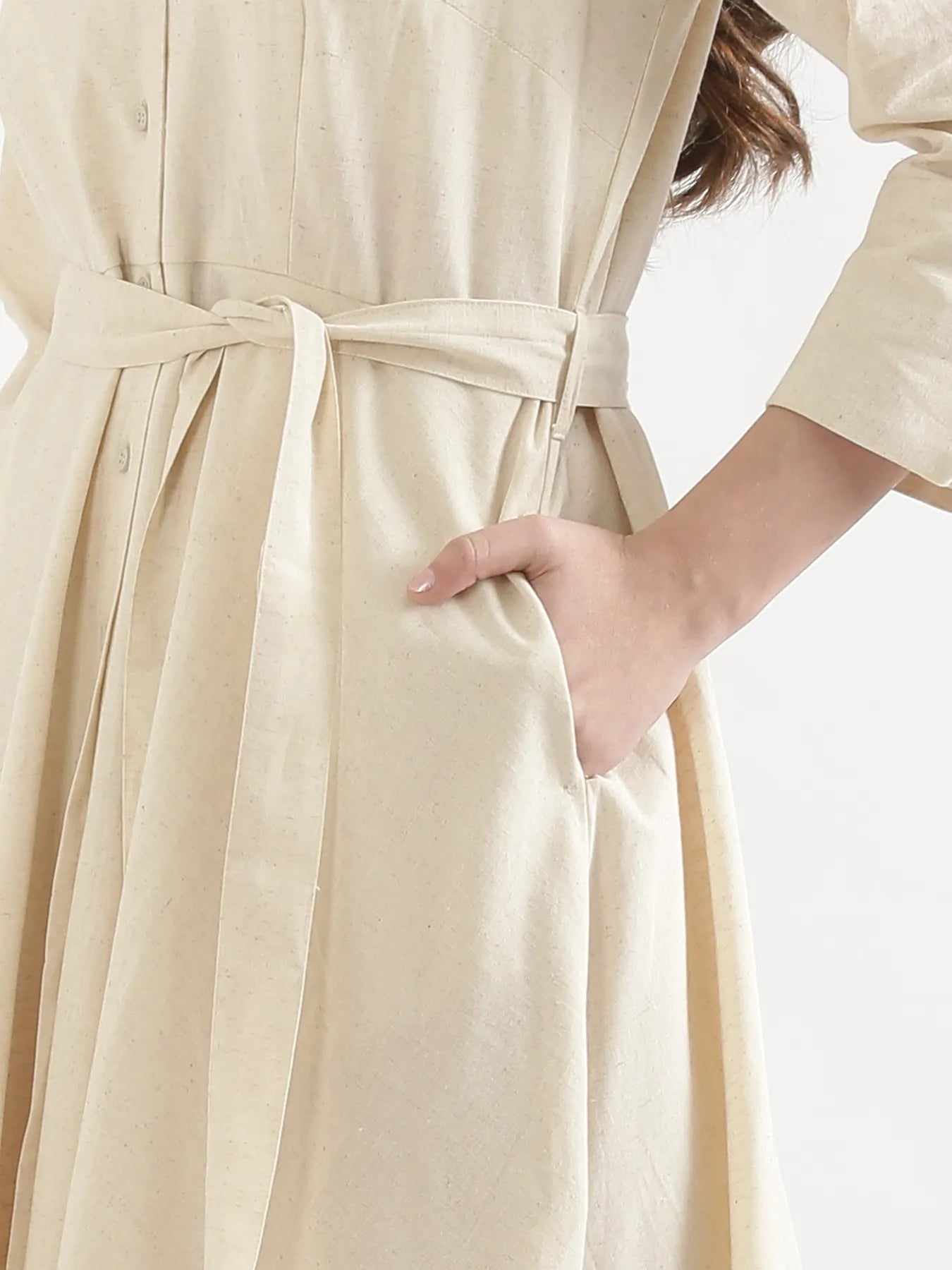 Women Ecru Airy Linen Flared Dress