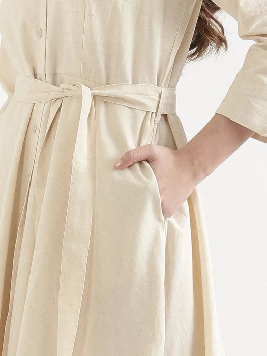 Women Ecru & White Airy Linen Flared Dress