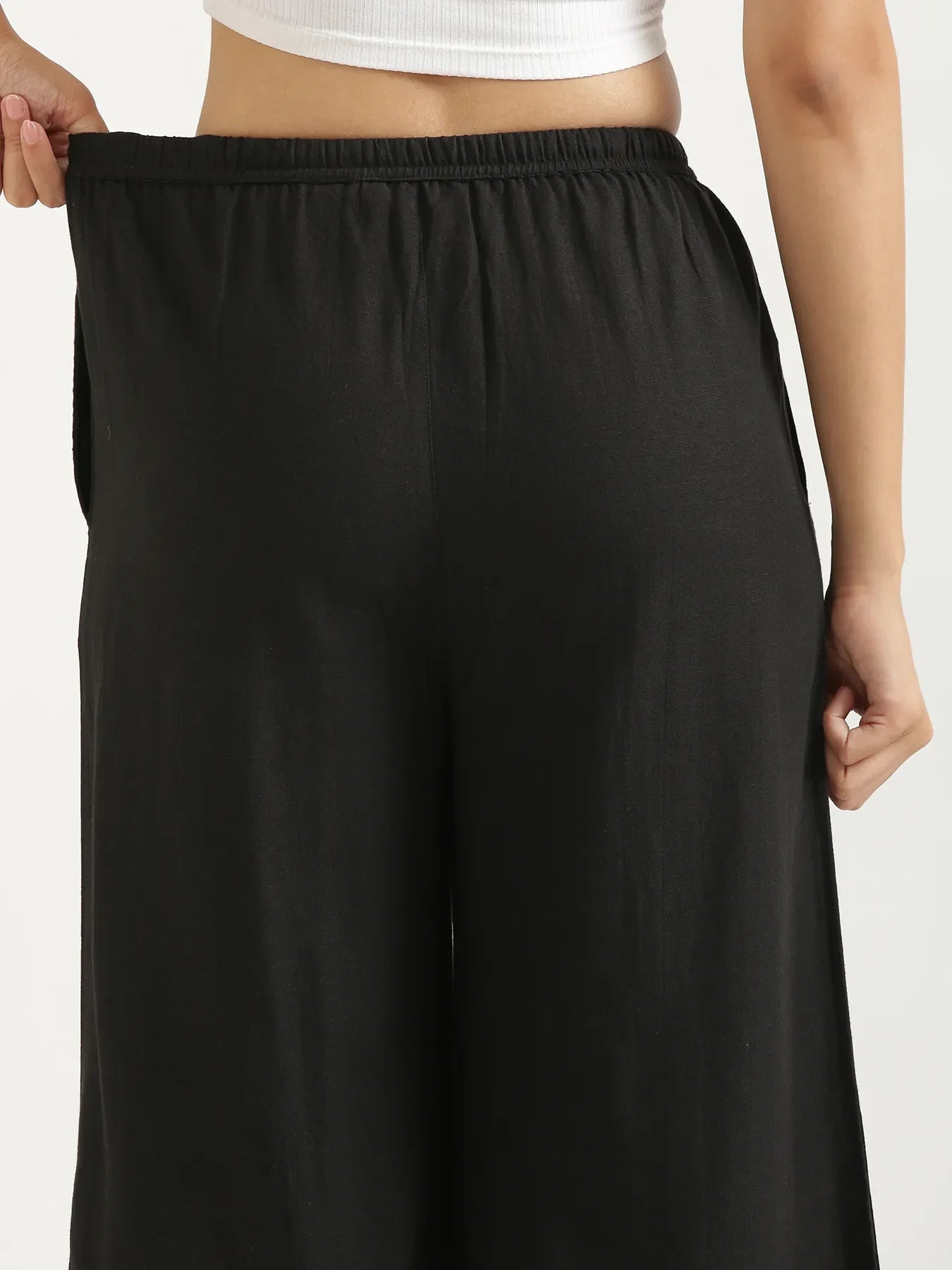 Women Black Flowy Linen Wide Leg Pants
