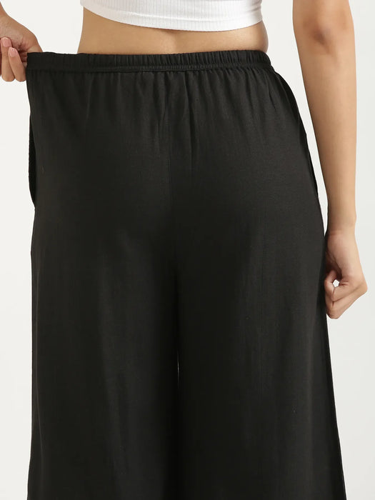 Women Black Flowy Linen Wide Leg Pants