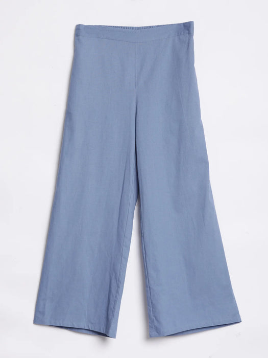 Women English Blue Airy Linen Wide Leg Pant