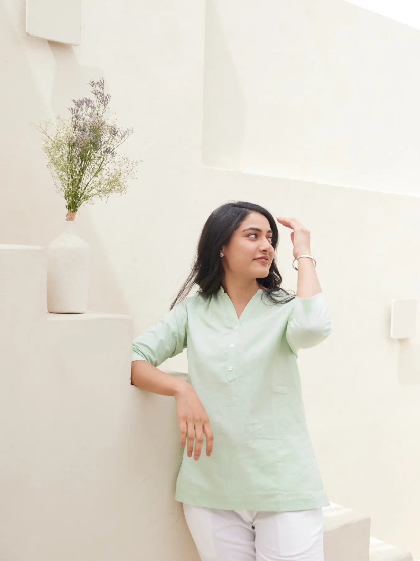 Mint Green Short Kurta with White Cotton Pant