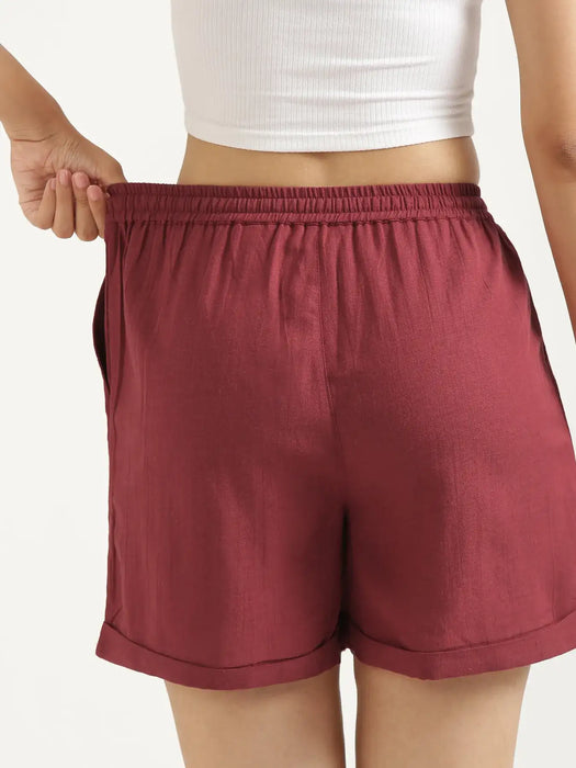 Women Maroon Flowy Linen Shorts