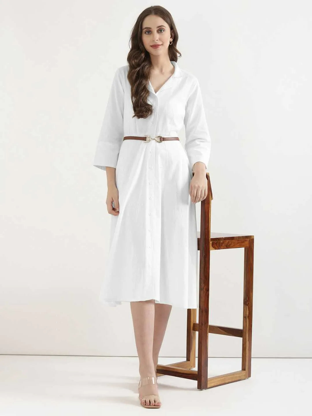 Women White Airy Linen Flared Dress