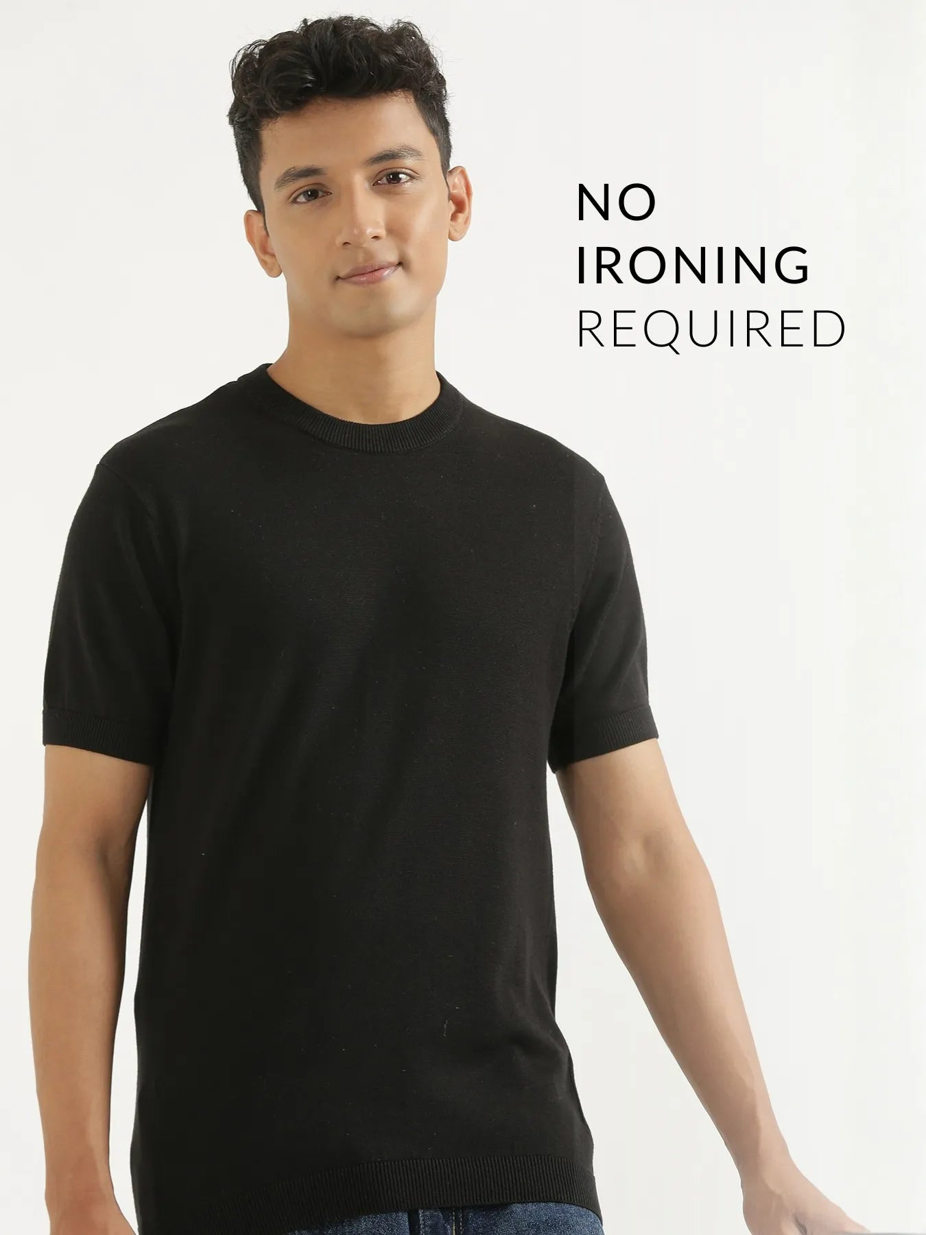 Men Black Flat Knit Round Neck T-shirt
