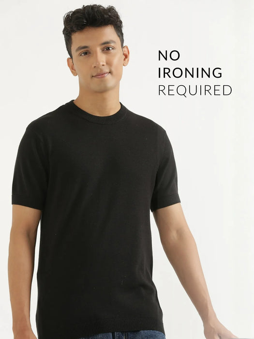 Men Black Flat Knit Round Neck T-shirt