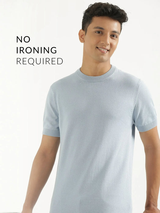 Men Light Blue Flat Knit Round Neck T-shirt