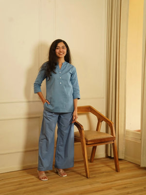 English Blue Airy Linen Short Kurta Co-ord Set