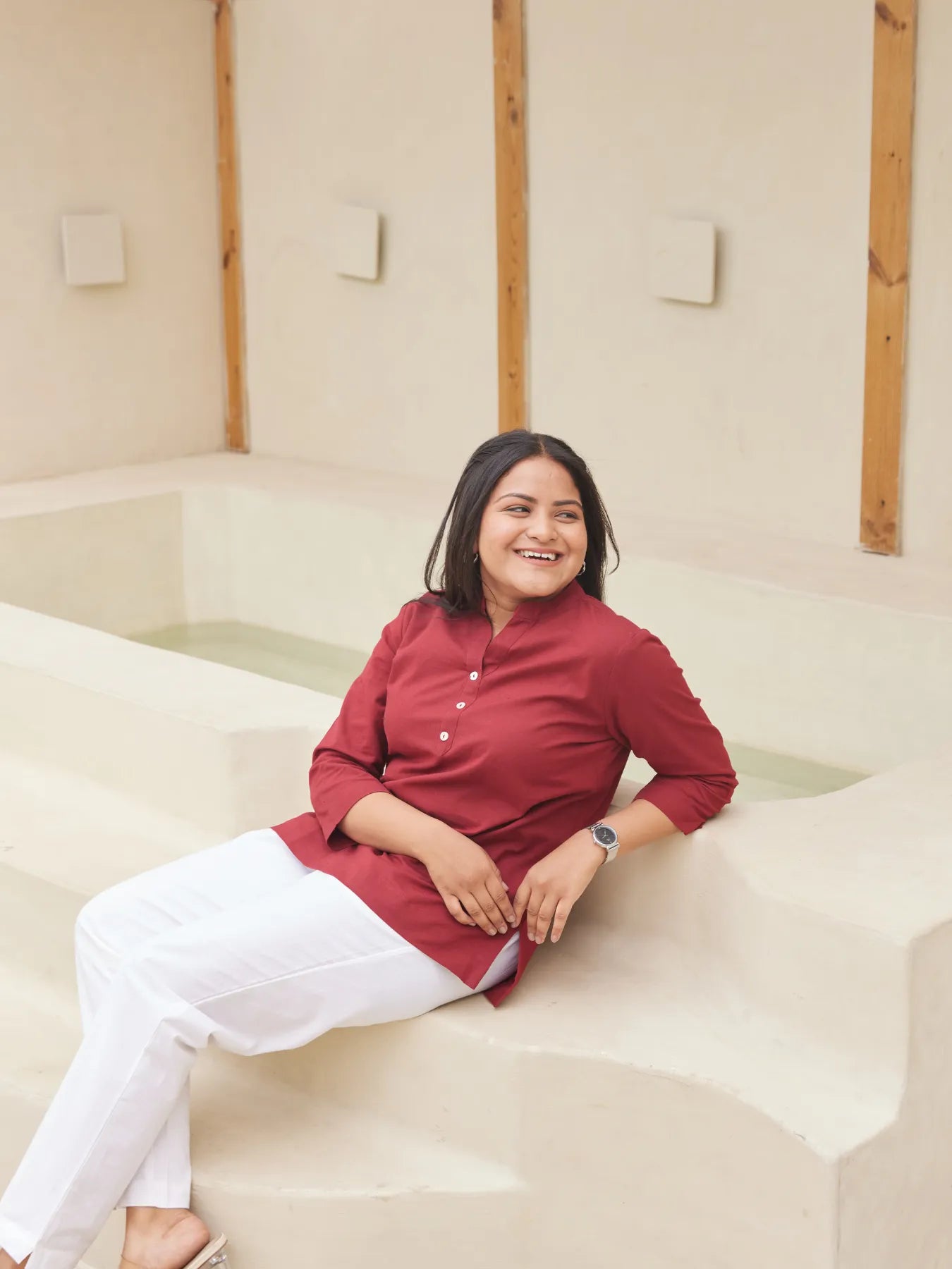 Maroon Short Kurta with White Cotton Pant
