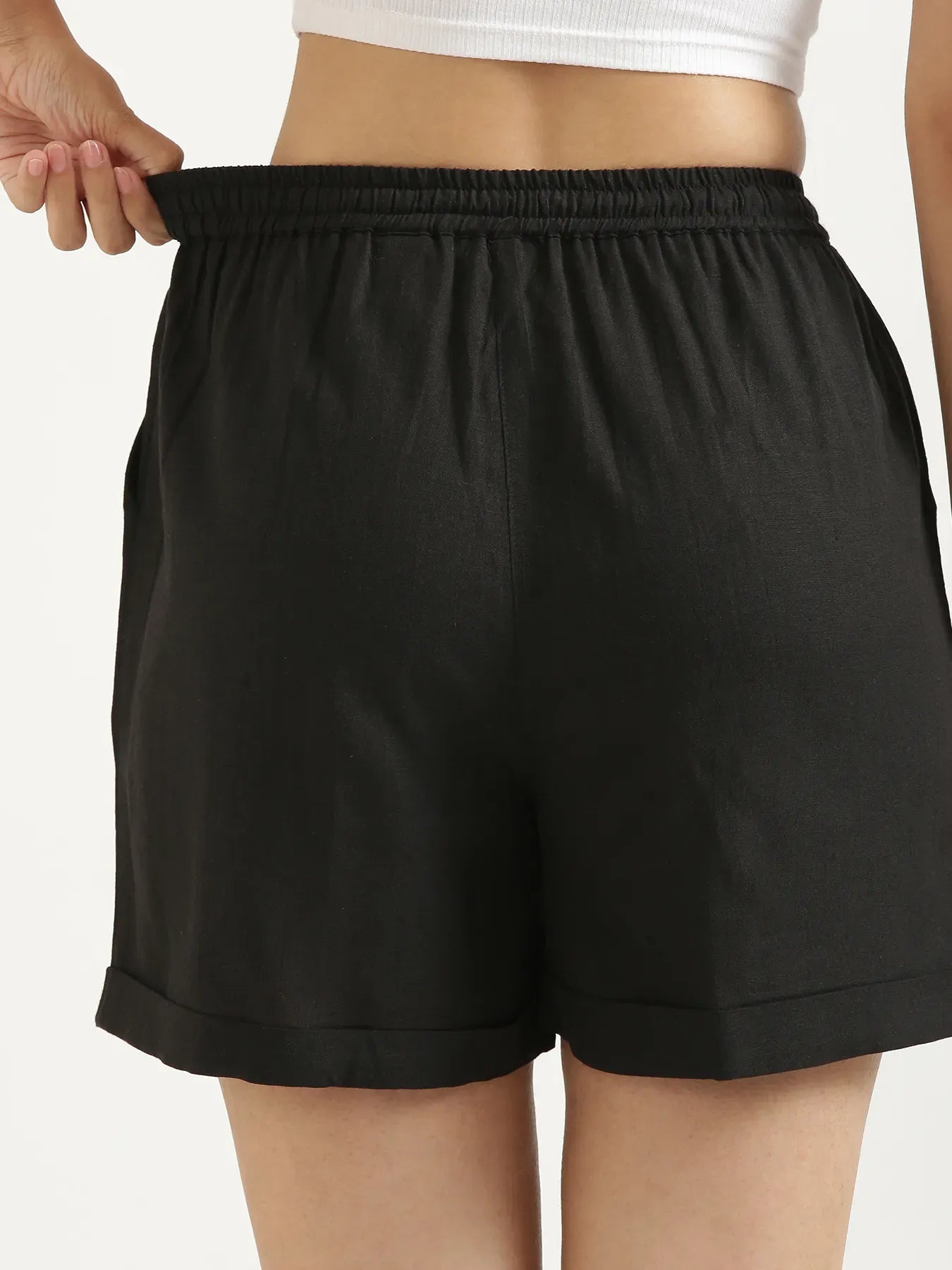 Women Black Flowy Linen Shorts