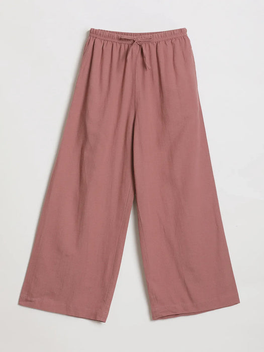 Women Rose Taupe Flowy Linen Wide Leg Pants