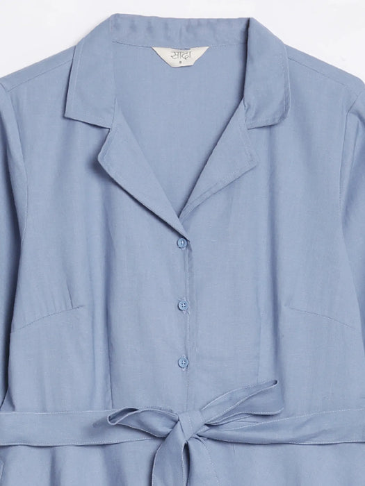 Women English Blue Airy Linen Flared Dress