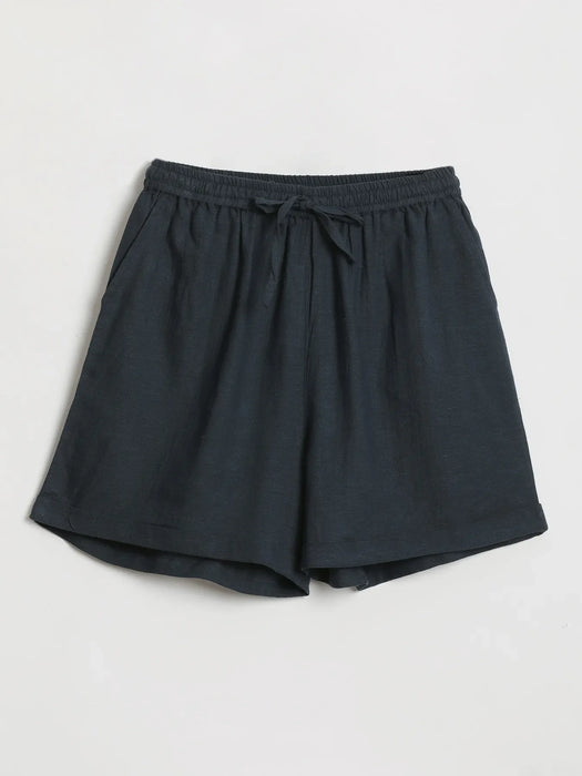 Women Navy Blue Flowy Linen Shorts