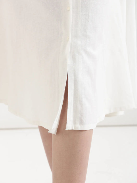 Women Ecru & White Airy Linen Flared Dress