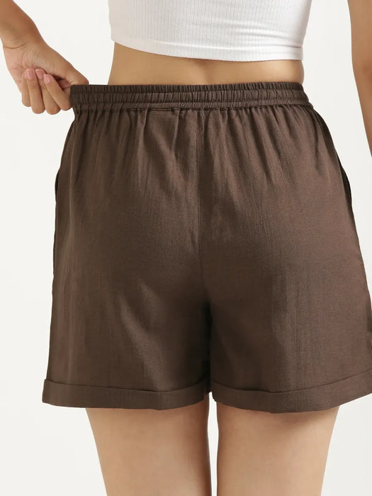 Women Dark Brown Flowy Linen Shorts