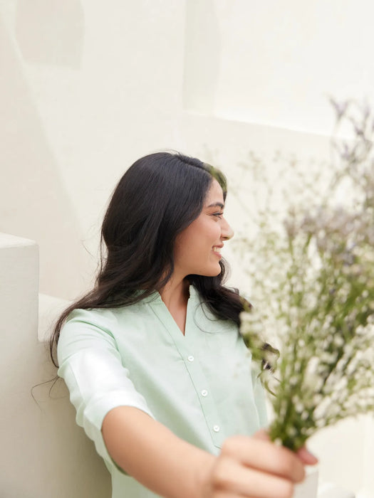 Mint Green Short Kurta with White Cotton Pant