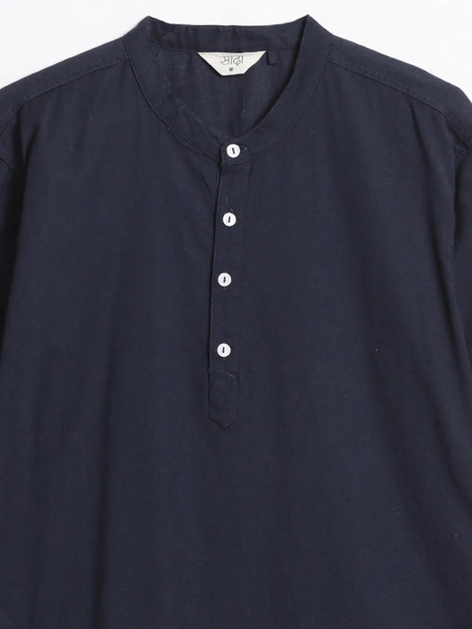 Men Navy Blue Airy Linen Long Kurta
