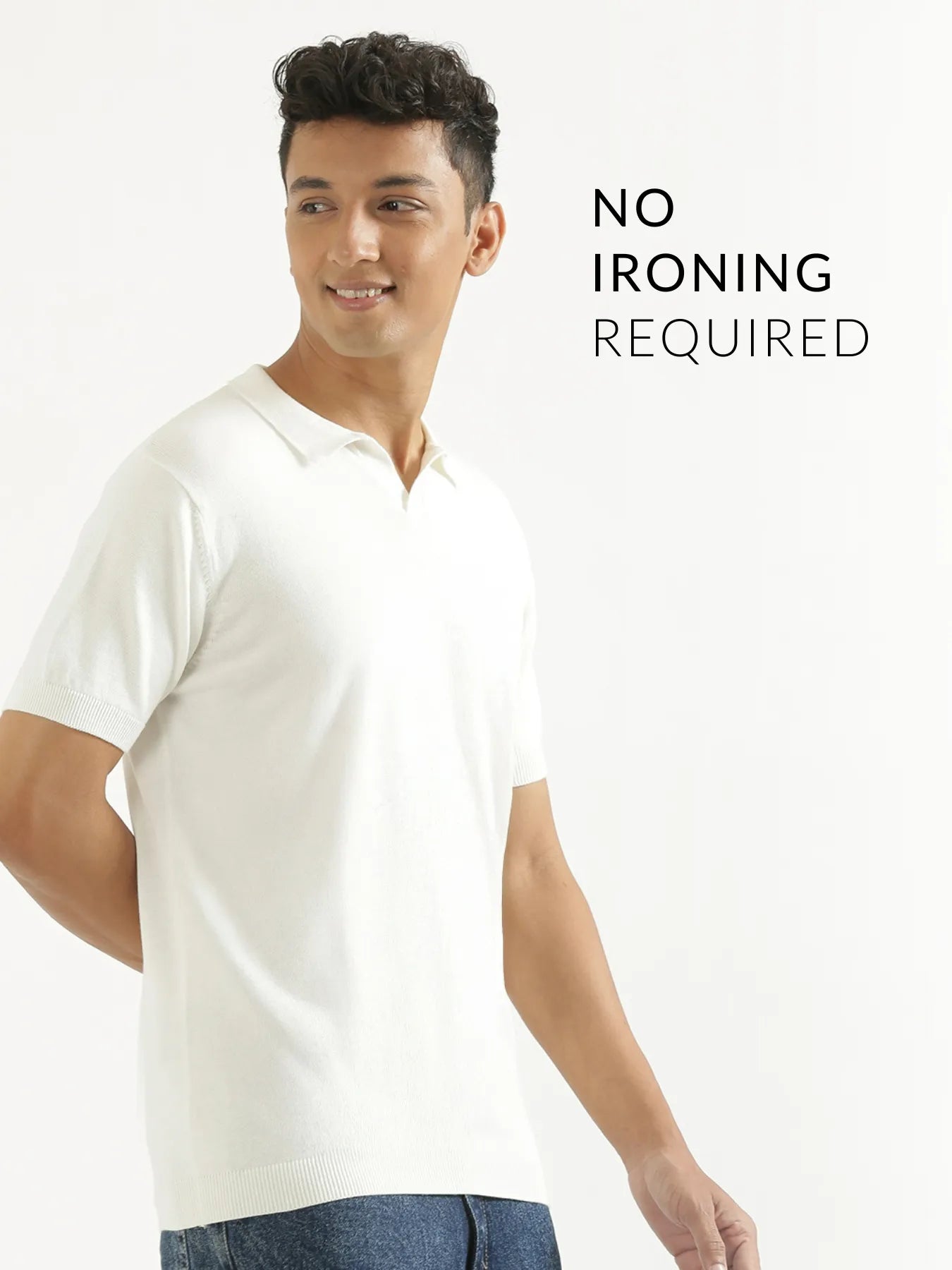 Men Off White Flat Knit Collared T-shirt