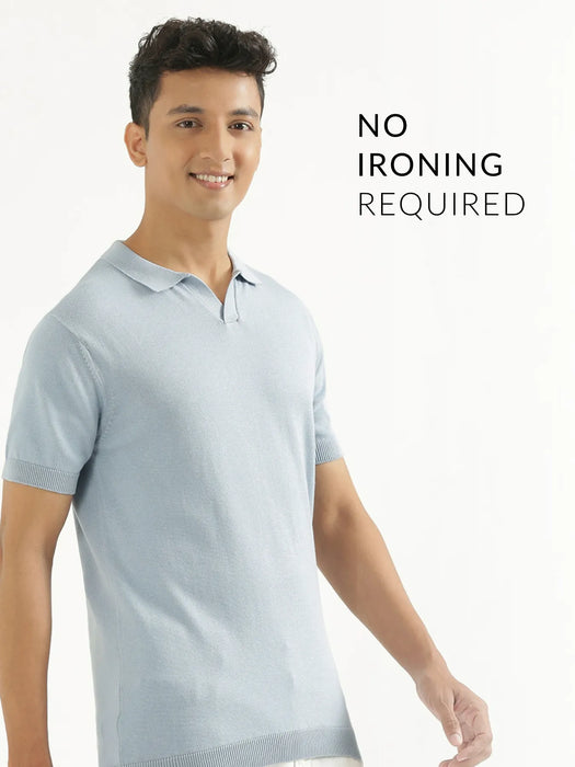 Men Light Blue Flat Knit Polo