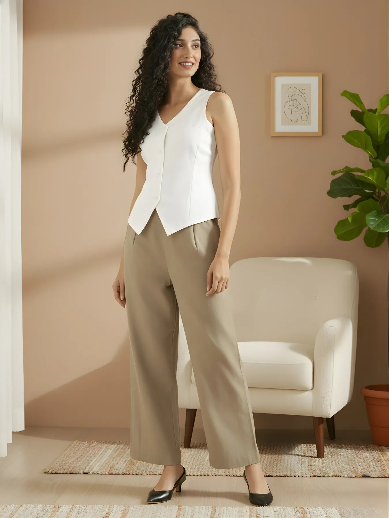 Women Khakhi Linen Blend Wide Leg Pant & White Linen Blend Waist Coat
