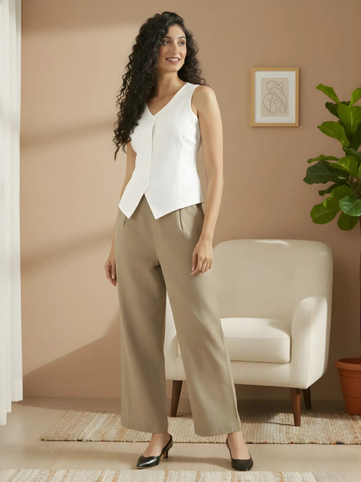 Women Khakhi Linen Blend Wide Leg Pant & White Linen Blend Waist Coat