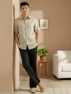 Men Black Linen Blend Pant & Taupe Pure Linen Short Sleeve Shirt