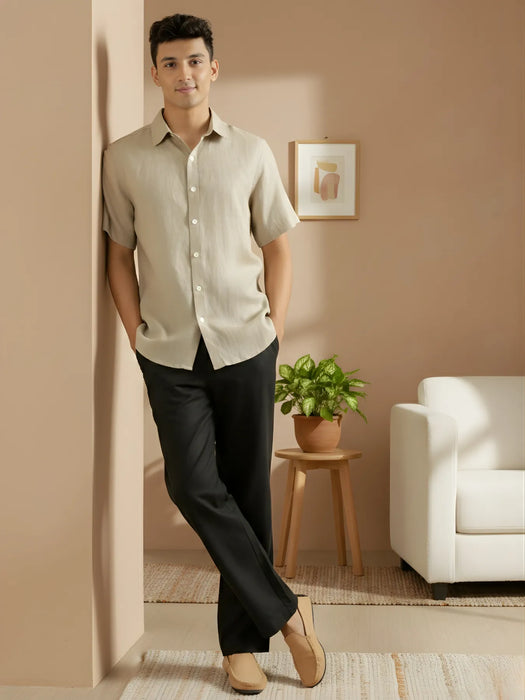 Men Black Linen Blend Pant & Taupe Pure Linen Short Sleeve Shirt