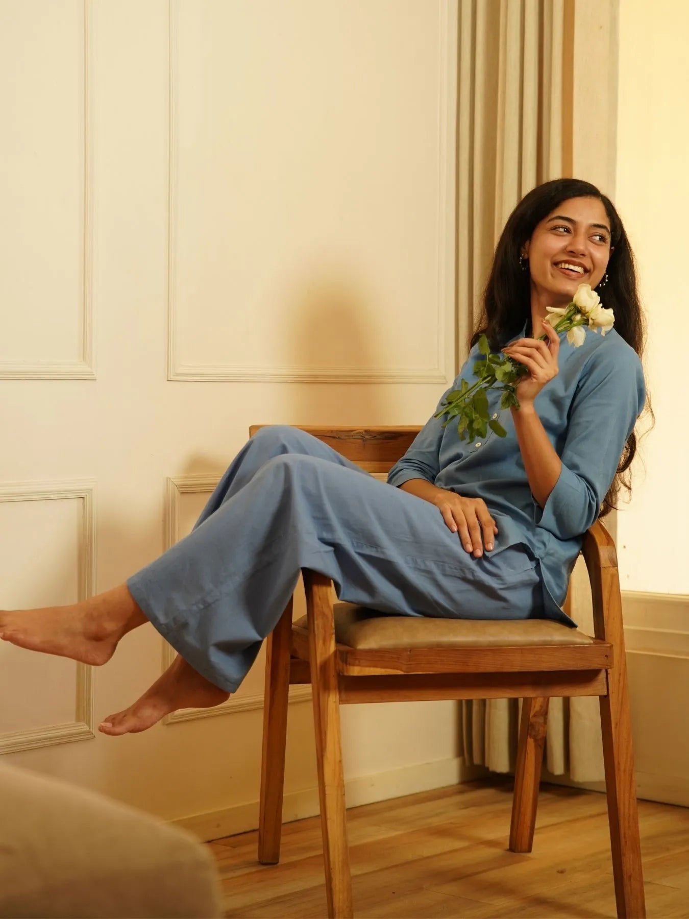 English Blue Airy Linen Short Kurta Co-ord Set
