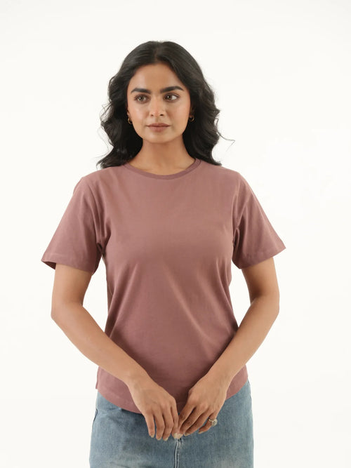 Women Rose Taupe Round Neck T-shirt
