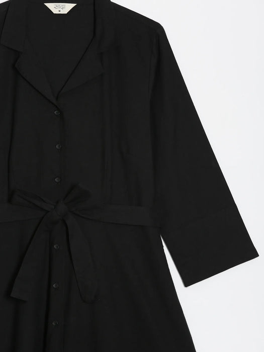 Women Black Airy Linen Flared Dress
