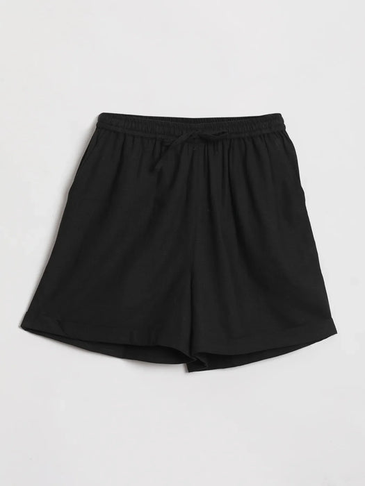 Women Black Flowy Linen Shorts