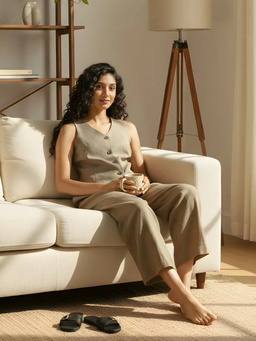 Women Khakhi Waist Coat Co-ord Set