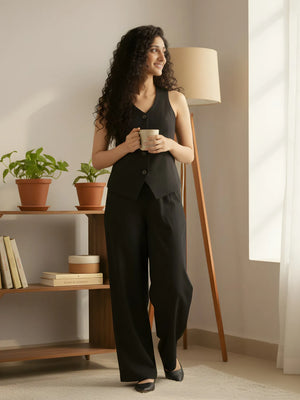 Women Black Waist Coat Co-ord Set