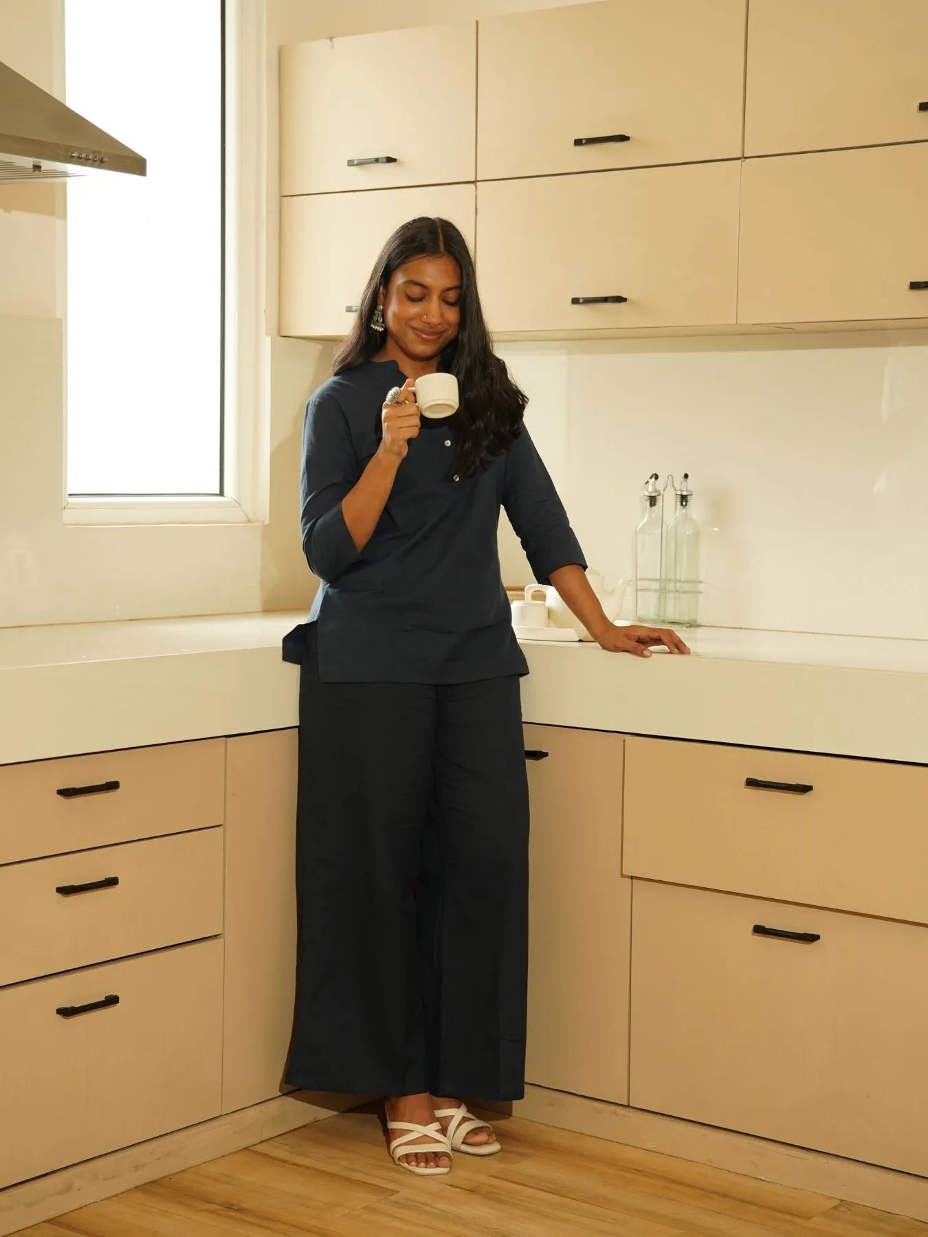 Navy Blue Airy Linen Short Kurta Co-ord Set