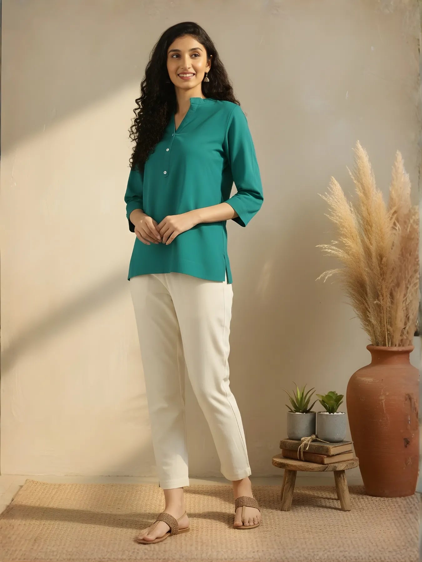 Women Teal Airy Linen Short Kurta & Beige Cotton Pant Set