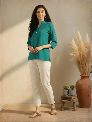 Women Teal Airy Linen Short Kurta & Beige Cotton Pant Set