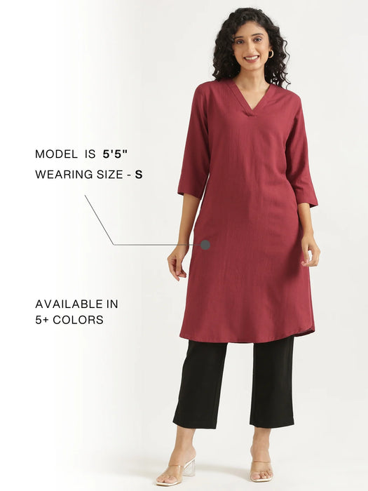 Women Maroon Flowy Linen A-Line Long Kurta