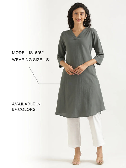 Women German Grey Flowy Linen A-Line Long Kurta