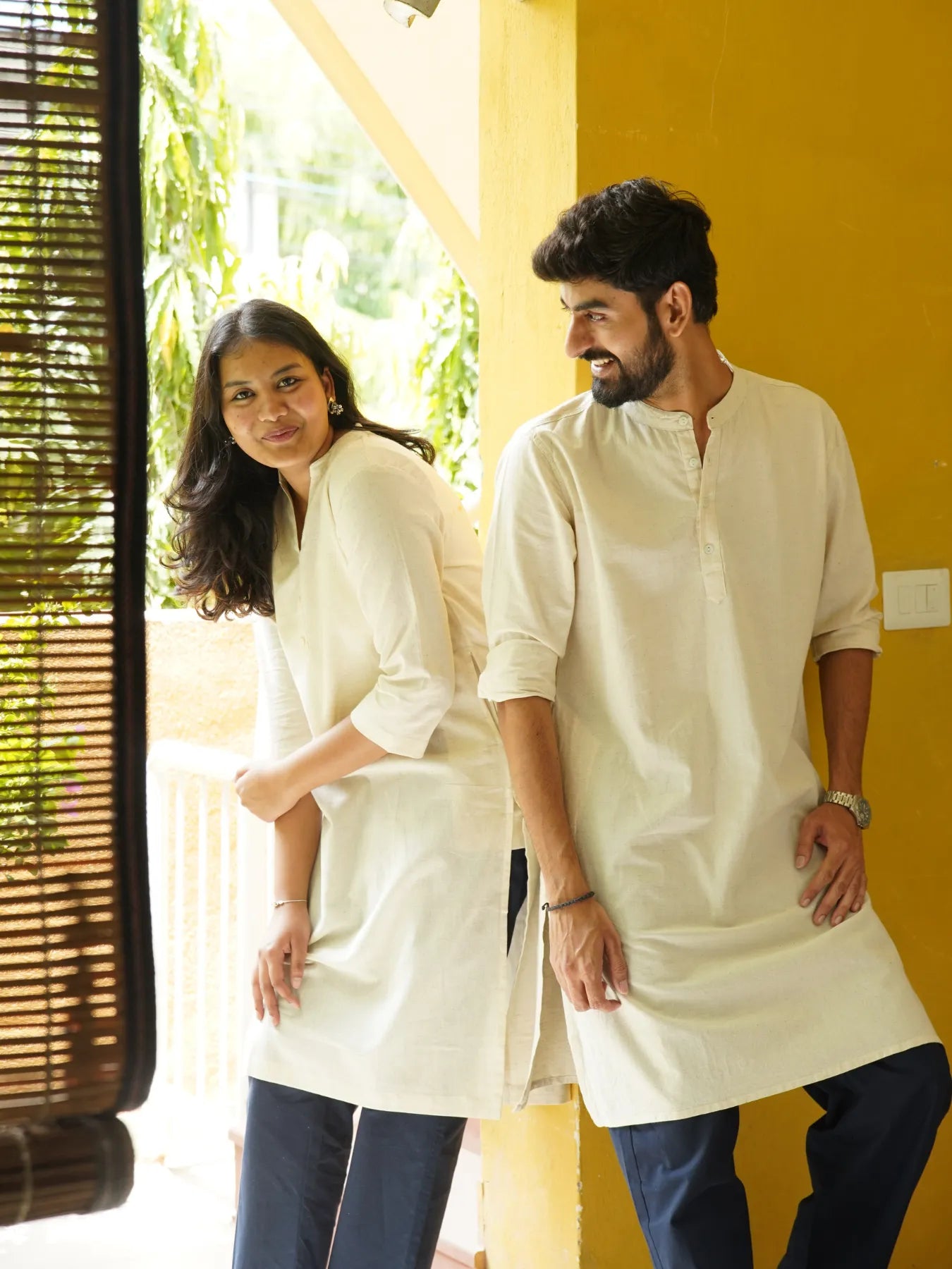 Couple Ecru Long Kurta Combo